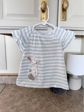 Girl Blue and White Striped Bunny Shirt Dress 6M